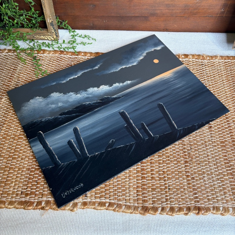 Vintage 1969 Signed UNDERWOOD Acrylic Painting On Board 10" x 14" Moonlight Dock